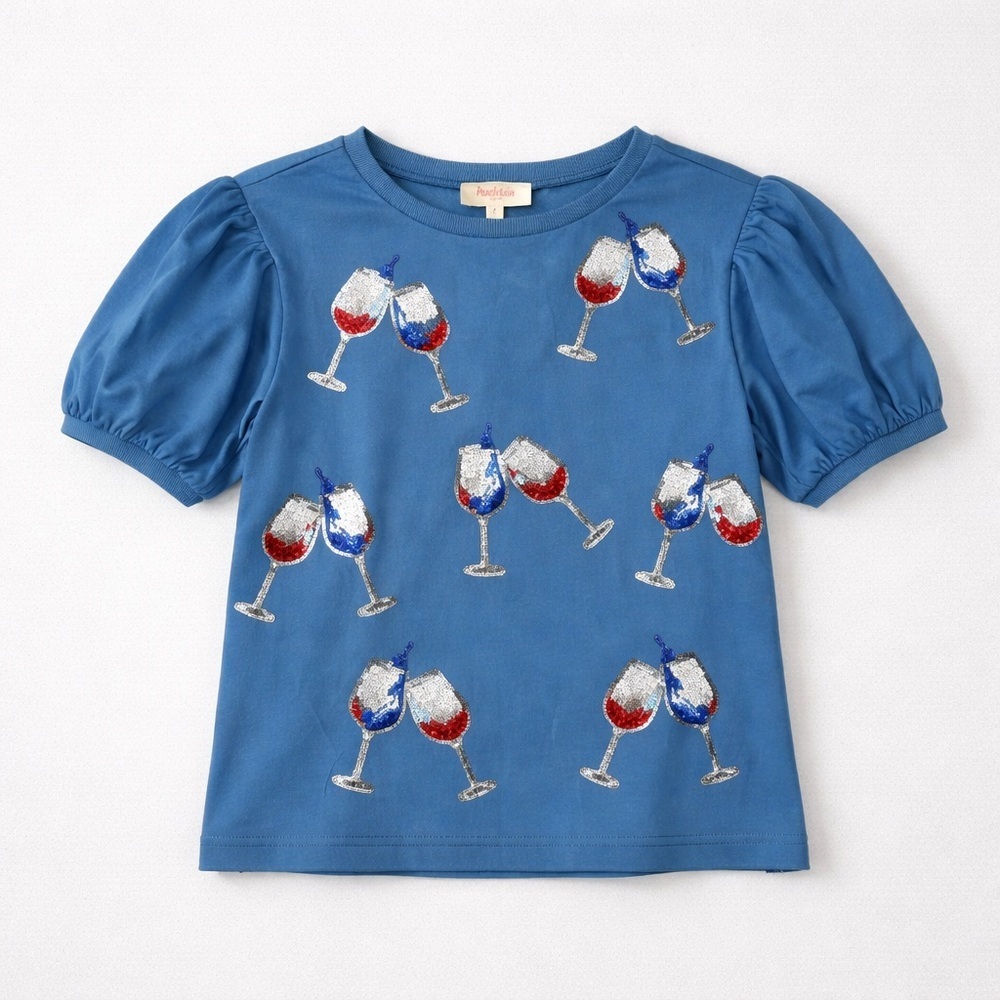 Women’s Blue Shirt with Wine Glass Design